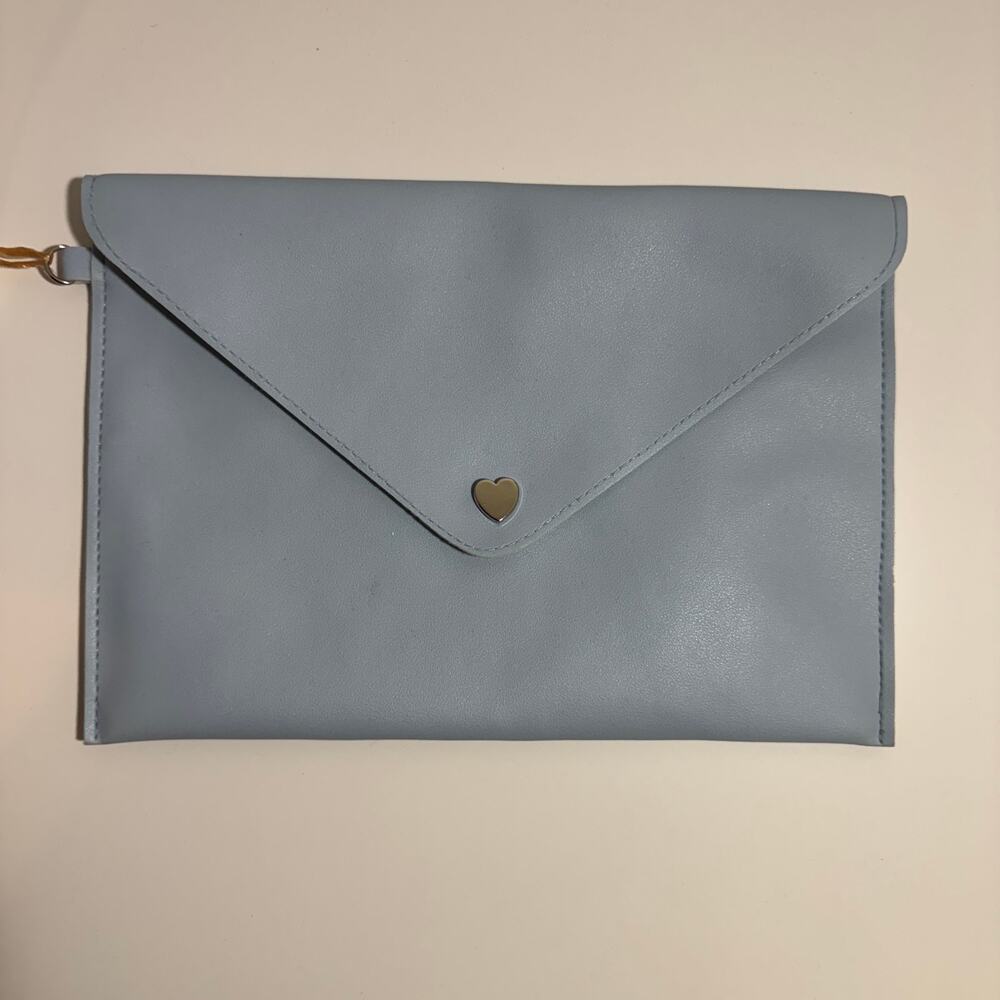 Handmade Light Blue Envelope Clutch – Faux Leather with Heart Accent